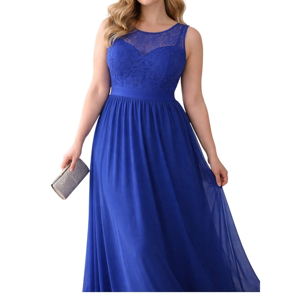 Elegant Royal Blue Maxi Dress with Lace Bodice